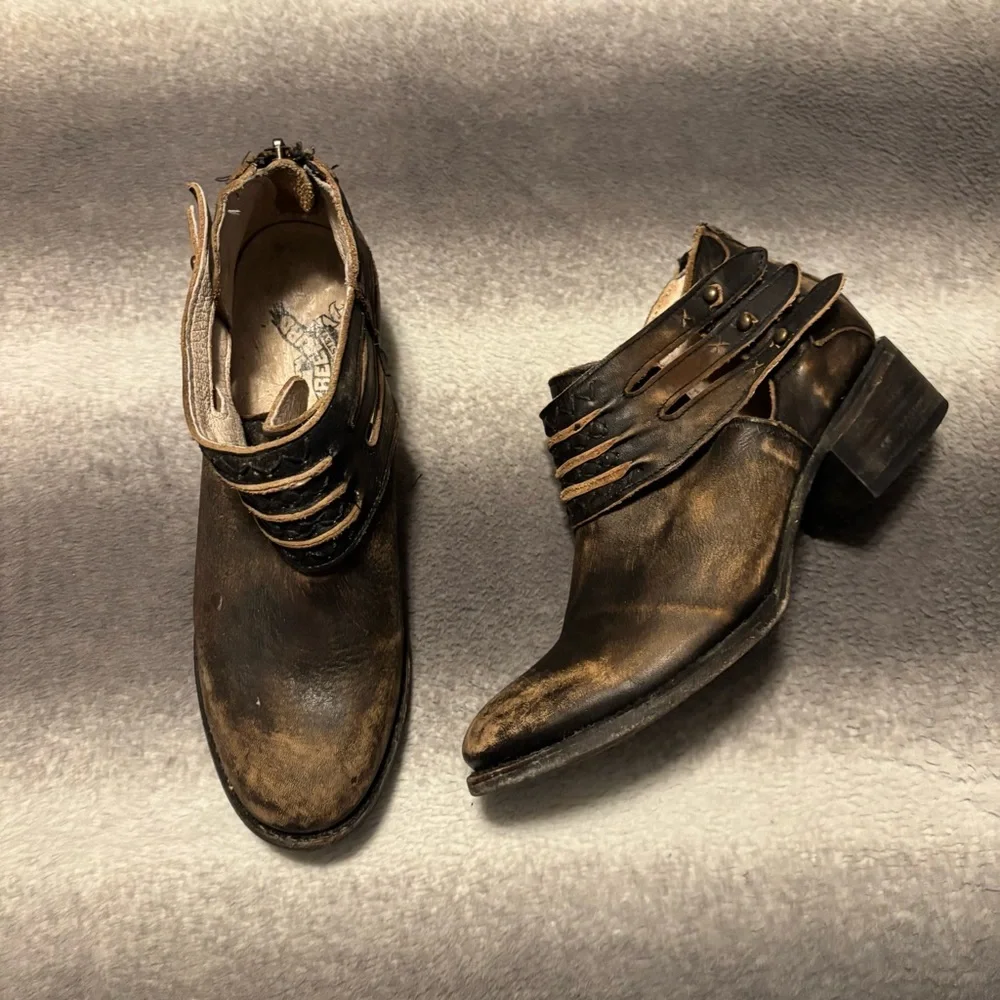 Freebird by Steven Slay Brown Distressed Leather Strap Ankle Booties 8